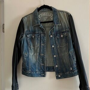Talula Distressed Blue Denim Jacket with Black Faux-Leather Sleeves